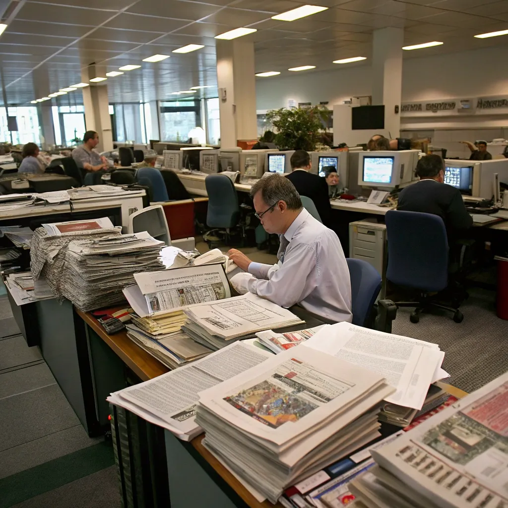 Office filled with newspapers and editors at work